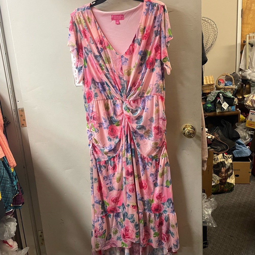 IsaacMizrahiLive short Belle sleeve, plus size, high/low pink floral dress